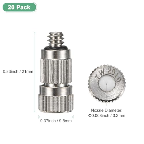 M METERXITY 20-Pack Brass Misting Nozzles, 0.008"/0.2mm Orifice Mister Nozzles Brass, High Pressure Spray Misting Nozzle Head for Outdoor Cooling System/Greenhouse/Landscaping [3/16] - size: 0.2mm