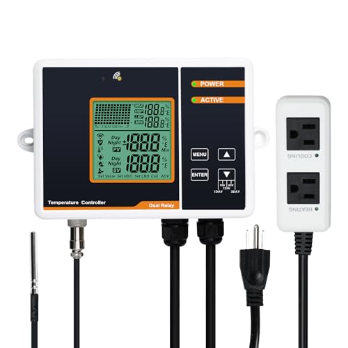 Digital Temperature Controller, Smart Thermostat Controlled Outlet Plug with Day Night Control and Ultra High/LowTemperature Alarm, Thermostat for Reptiles, Greenhouses,Aquarium