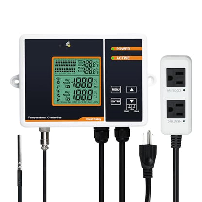 Digital Temperature Controller, Smart Thermostat Controlled Outlet Plug with Day Night Control and Ultra High/LowTemperature Alarm, Thermostat for Reptiles, Greenhouses,Aquarium