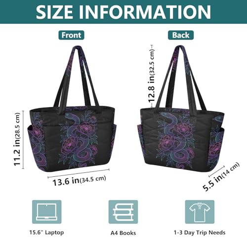 Quilted Tote Bag for Women Peony Snake Neon, Stylish Lightweight Shoulder Handbag with Laptop Sleeve, Luggage Strap for Travel Gym Work