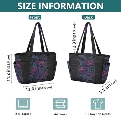 Quilted Tote Bag for Women Peony Snake Neon, Stylish Lightweight Shoulder Handbag with Laptop Sleeve, Luggage Strap for Travel Gym Work