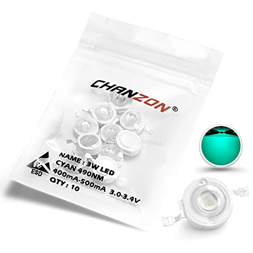 CHANZON 10 pcs High Power Led Chip on Board 3W Cyan 490nm | (400mA - 500mA / DC 3V - 3.4V / 3 Watt) Super Bright Intensity SMD COB Light Emitter Components Diode Bead DIY - color: G) Cyan (490nm)