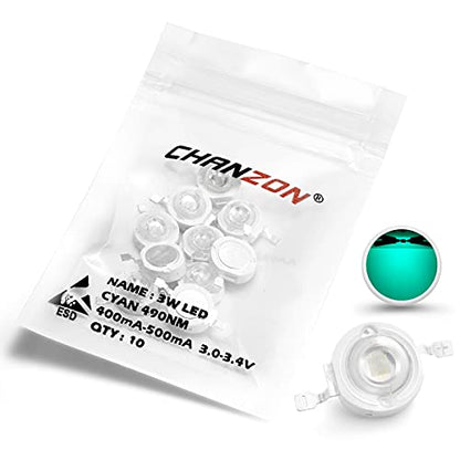 CHANZON 10 pcs High Power Led Chip on Board 3W Cyan 490nm | (400mA - 500mA / DC 3V - 3.4V / 3 Watt) Super Bright Intensity SMD COB Light Emitter Components Diode Bead DIY - color: G) Cyan (490nm)
