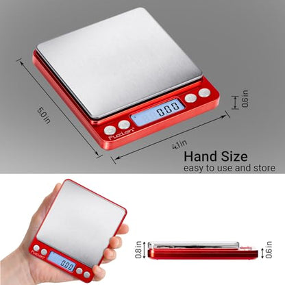 Fuzion Digital Scale .01 Gram Accuracy, 500g Small Kitchen Food Scales | 2 Trays Included for Jewelry, Gold, Herb, Powder, Spice, Coffee, Coin - Weight Gram and Oz - color: Red
