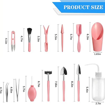 13 Pcs Succulent Care Tools, Mini Garden Transplanting Tool Set | Ideal for Succulent Planting, Miniature Gardening and Indoor Bonsai Care, Pink - style: Pink