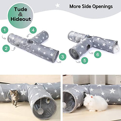 JanYoo Bunny Tunnel Rabbit Hideout Cat Toys for Rabbits Accessories 3 Ways | 47'' Collapsible Plush Pet Toys with Interactive Ball for Kittens Rabbits Ferret Guinea Pigs Accessories