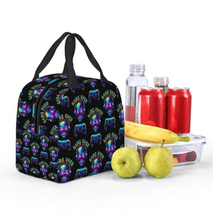 Women Skull Video Print Insulated Lunch Box Tote | Skull Video Game Over Print, Neoprene Hot & Cold Thermal Bag, Adjustable Strap for Hiking & Commute - color: Pattern (869)