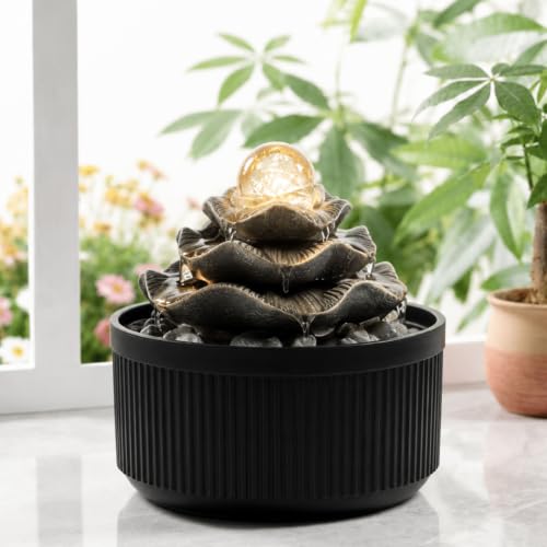 Indoor Tabletop Water Fountain - 3-Tier Lotus Leaf Design Waterfall with Warm Glowing LED & Rotating Ball, Zen Home Decor for Living Room Bedroom, Unique Housewarming Gift Idea - size: 6.69"