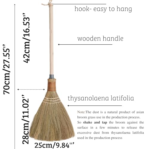 Natural Whisk Sweeping Hand Handle Broom - Vietnamese Straw Soft Broom for Cleaning Dustpan Indoor - Outdoor - Decorative Brooms - Wooden Handle - 9.84'' Width, 27.55" Length - color: Natural