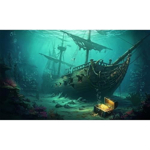 Sunken Pirate Ship Aquarium Background Deep Sea Ocean Floor Sand Corals Treasure Chest Fish Tank Background Broken Masts Tattered Sails Aquatic Plants Terrarium Backgrounds for Tank Decors 24x12in - color: Blue_Green, size: 24(W)x12(H)inches/ 60(W)*30cm(H