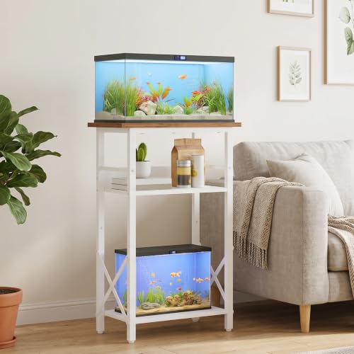 HOOBRO 10 Gallon Aquarium Stand, 3-Tier Fish Tank Stand with Storage, Reptile Turtle Tank Stand with Metal Frame, 20.5" L x 11" W, Walnut and White WH52FT01 - color: Walnut + White