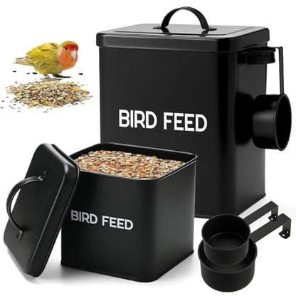 Reallnaive 2 Pcs Metal Bird Seed Container with Scoop,Black | Bird Feed Storage Container with Fitted Lid, Farmhouse Style Ideal Gift for Birds and Pet Owners - color: Black