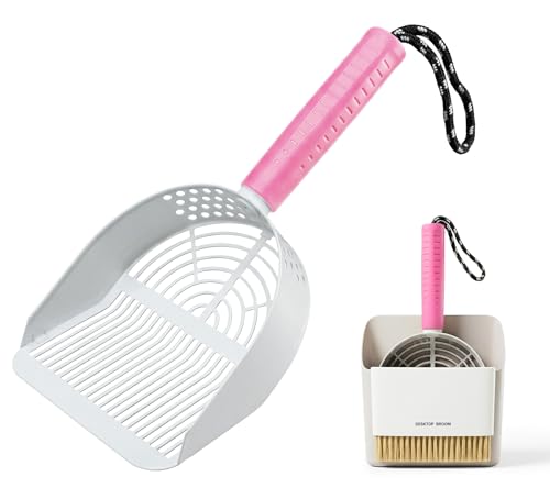 Cat Litter Scoop with Holder, 3 in 1 Metal Kitty Scooper | Heavy Duty Deep Litter Sifter with Dustpan & Mini Broom, Dual Coarse & Fine Grid, Quick Sift, Universal for All Cat Litter - color: Pink, size: Large