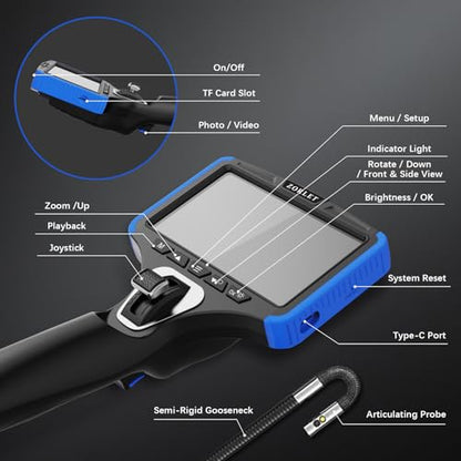 Dual Lens Two-Way Articulating Borescope Camera with Light, 5" Inspection Camera Endoscope, 0.25in Slim Probe, Waterproof 5.0FT Snake Camera for Automotive, Mechanics & Engine Inspection