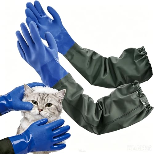 YOFANG Pet Grooming Washing Gloves,27.2" Extra Long Waterproof Rubber Bathing Gloves for Dogs & Cats,Anti-Bite & Anti-Scratch Hair Removal Cat Bath Gloves with 3000+ Massage Particles,Blue/Green ﻿ - color: Blue and Green