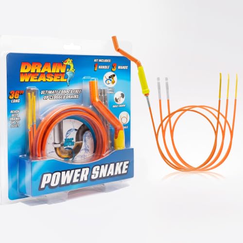 FlexiSnake Drain Weasel PowerSnake Drain Hair Clog Remover Tool, 3 Wands | 36" Long Refills, Plumbing Snake Auger for Cleaning Shower, Tub, Bathroom with Drill Connector, Rotating Handle, Made in USA