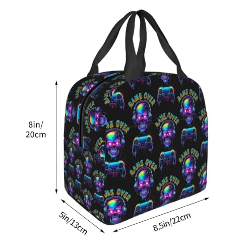 Women Skull Video Print Insulated Lunch Box Tote | Skull Video Game Over Print, Neoprene Hot & Cold Thermal Bag, Adjustable Strap for Hiking & Commute - color: Pattern (869)