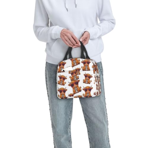 Unisex Funny Highland Print Insulated Lunch Box Durable | Cute Funny Highland Cow Heart Glasses, Oxford Foam Insulated Tote, Adjustable Strap for Travel, Gym & Hiking - color: Pattern (864)