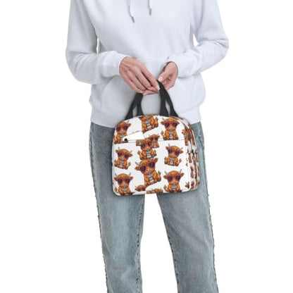 Unisex Funny Highland Print Insulated Lunch Box Durable | Cute Funny Highland Cow Heart Glasses, Oxford Foam Insulated Tote, Adjustable Strap for Travel, Gym & Hiking - color: Pattern (864)