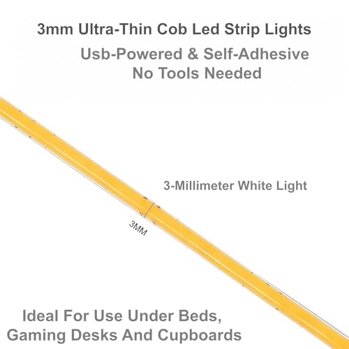 Ultra-Narrow 3mm USB COB LED Strip Lights Self-Adhesive, for Kitchen Cabinets, Bedroom, Gaming Desk (6000k Cool White, 2ft) - color: 6000k Cool white, size: 2ft
