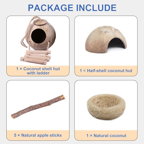 kathson 8PCS Natural Coconut Hut Hamster Hiding House Pet Cave Small Animal Cage Habitat Decor Hanging Hamster Toys with Ladder for Gerbils Hermit Crabs Dwarf Lizards