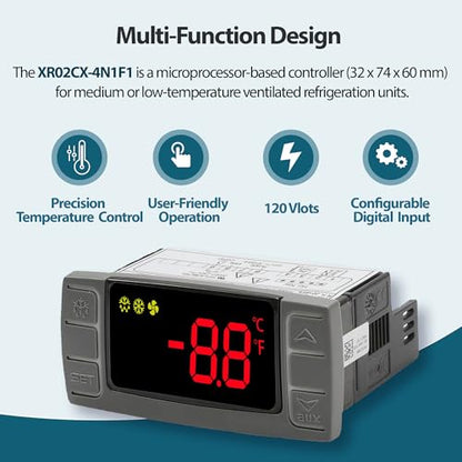 XR02CX-4N1F1 Temperature Controller Compatible with Dixell, 120V | 120V 50/60Hz, compatible with Dixell XR02CX-4N1F1, NTC probe, for refrigeration and heating equipment - style: XR02CX-4N1F1