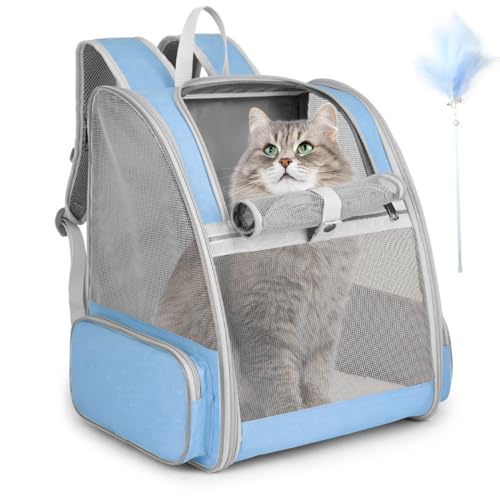 Cat Backpack Carrier, Large Pet Backpack with Kitten Wand Feather Toy for Medium Small Dog Cat Puppy Kitty Bunny up to 15lbs, Ventilated Mesh Dog Travel Carrier for Hiking Walking Outdoor Use (Blue) - color: Blue