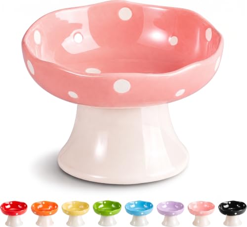 Pink Mushroom Cat Bowl, Elevated Ceramic Feeding Bowl | Elevated, Ceramic, Tilted Design, Whisker-Friendly, Dishwasher Safe, cute - color: Pink