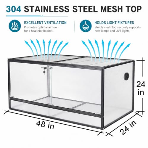 120 Gallon Bearded Dragon Tank, 48x24x24 Reptile Enclosure | 4x2x2 Reptile Terrarium, Aluminum Frame, 304 Stainless Steel Mesh Top,Tempered Glass Sliding Doors, Stackable Design