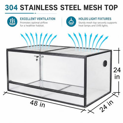 120 Gallon Bearded Dragon Tank, 48x24x24 Reptile Enclosure | 4x2x2 Reptile Terrarium, Aluminum Frame, 304 Stainless Steel Mesh Top,Tempered Glass Sliding Doors, Stackable Design