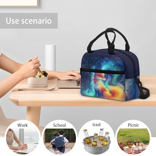 Fox Lunch Box for Girls Galaxy Lunch Bag Back to School Lunchbox Portable Outer Space Insulated Lunch Tote Bag Picnic Starry Night Lunch Boxes with Shoulder Straps Lunch Container - color: Fox Galaxy