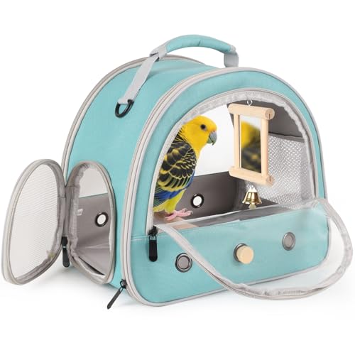 Portable Parrot Travel Cage Carrier with Small Swing Toy&Cage Colorful Toys Set Small Bird Parakeet Bag with Standing Perch Bird Carry Transport Bag (Green, Carrier/Mirror) - color: Green, size: 1.0"L x 1.0"W x 1.0"H