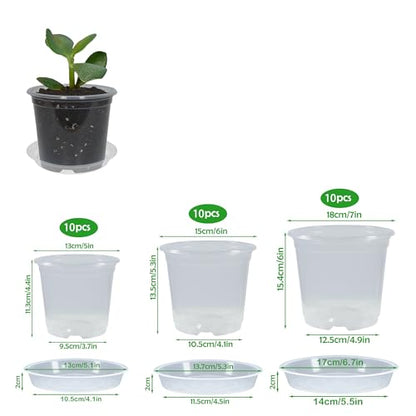 30 Pack 5/6/7 Inch Clear Nursery Pots with Drainage and 30 Pack Plant Saucers, Plant Pots for Plants Transparent Potting Containers for Plants Seeding Starter Pot (Clear, 5/6/7 Inch) - size: 5/6/7 Inch