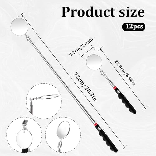 12 Pcs Telescoping Inspection Mirror Retractable Mechanical Mirrors Long Handle Under Vehicle Telescoping Mirrors Extendable 360 Rotation Detection Mirror for Mechanics Contractors Technicians