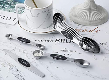 Magnetic Measuring Spoons Set Stainless Steel Stackable Measuring Spoons | Dual Sided Nesting Teaspoons Tablespoons Set of 8 for Measuring Dry and Liquid Ingredients - color: black-8