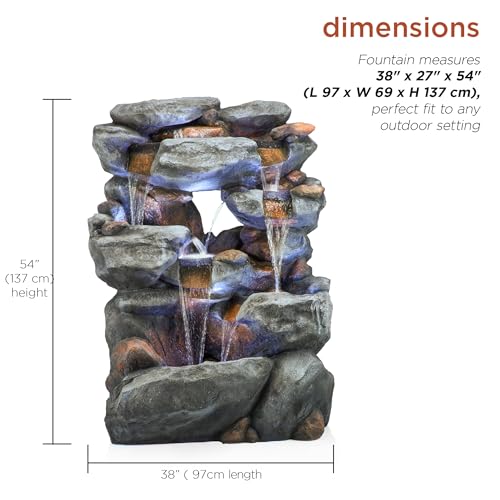 Alpine Corporation WIN1068 Outdoor Floor Rock Water Fountain with LED Lights, 5-Tier Rock Waterfall Fountain 54", Dark Brown - style: 54" H - 5-Tier Cool White LEDs