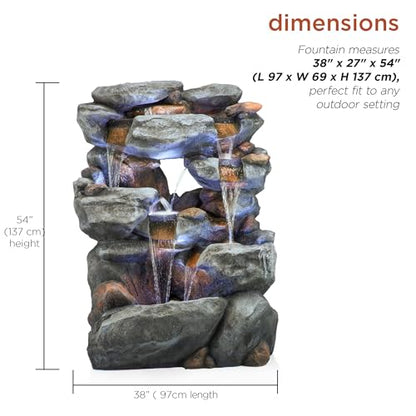 Alpine Corporation WIN1068 Outdoor Floor Rock Water Fountain with LED Lights, 5-Tier Rock Waterfall Fountain 54", Dark Brown - style: 54" H - 5-Tier Cool White LEDs