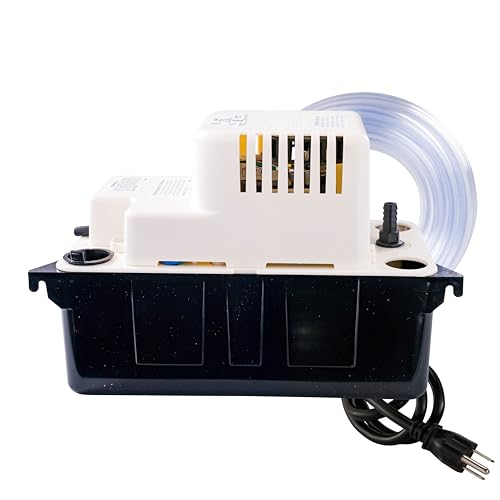 Little Giant VCMA-15ULT 115 Volt, 65 GPH, 1/50 HP Automatic Condensate Removal Pump with Tubing (no safety switch), Black/White, 554411 | 6' cord w/ plug, 20' Tubing, No safety switch, 1/50 HP, 15' shutoff, Automatic, 1/2 gal tank, For HVAC /dehumidifiers