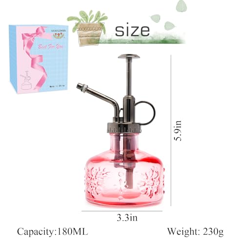 XXXFLOWER Glass Plant Mister Spray Bottle Pink 180ml/6 oz | Mini Watering Can Indoor Plants Indoor Plant Mister Succulent Watering Bottle Tall Vintage Style with Bronze Plastic Top Pum - color: Pink