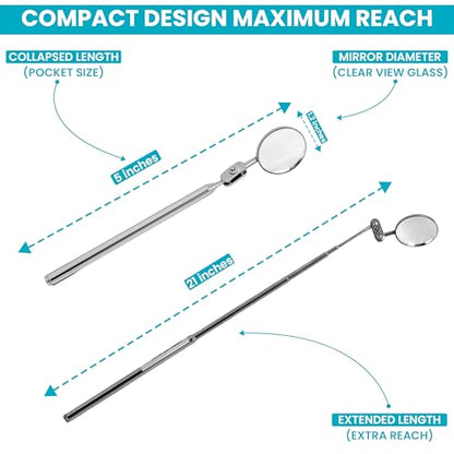 2-Pack Telescopic Insp Mirror 5-21" Swivel | Extend And Swivel To Inspect Hard To Reach Mechanical Spots - color: Mirror