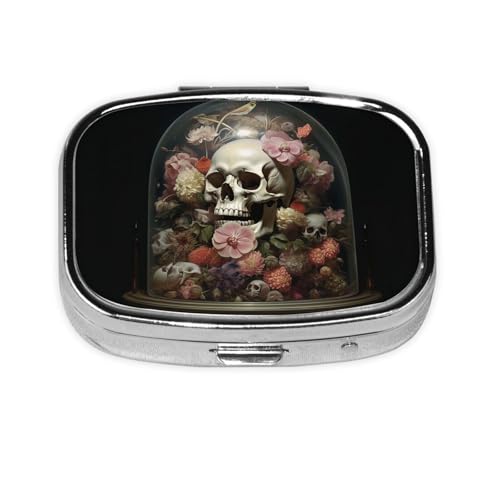 Square Round Pill Case Skull in Glass Pill Box Daily 2 Compartment Travel Pill Container for Pocket Purse Portable Medicine Cod Liver Oil Storage Box 2 Times a Day Pill Organizer - color: Skull in Glass
