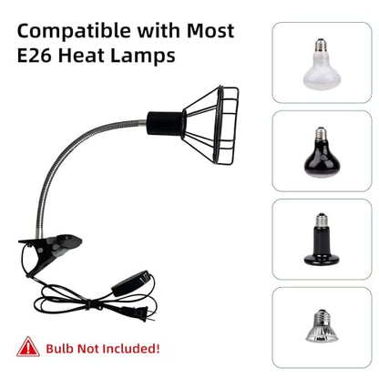 Reptile Heat Lamp Holder with Clamp, Ceramic Heat Emitter Fixture, Gooseneck for Terrarium, Lizard, Turtle, Bearded Dragon, 360-Degree Rotary Arm, High-Temperature Resistant, Maximum Load: 500W