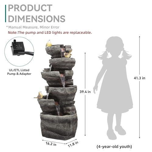 39.4" 6-Tier Cascading Rock Outdoor Fountain LED Bird Waterfall | hand-carved stone with birds, garden patio porch backyard - color: 39.4"h Gray