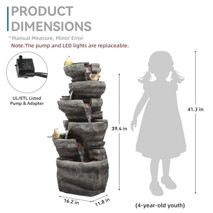 39.4" 6-Tier Cascading Rock Outdoor Fountain LED Bird Waterfall | hand-carved stone with birds, garden patio porch backyard - color: 39.4"h Gray