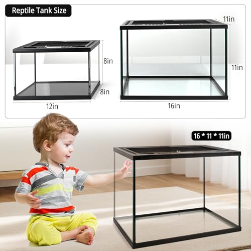 Reptile Glass Tank Starter Kit 16"x11"x11" Full View Reptile Terrarium for Leopard Gecko,Tarantula,Lizards,Spiders, Hermit Crabs,Frogs,Snake and Fish with Tank Accessories and Top Openning Door - size: 16"W x 11"D x 11"H
