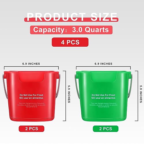 Yaomiao 4 Pcs Cleaning Bucket 3 Qt Sanitizing Bucket,Red, Green | Restaurant Small Square Detergent Pail with Measurements Spout and Handle, for Home, Kitchen, Office, Commercial Use - color: Red, Green