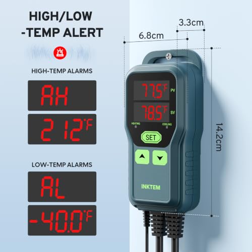 Temperature Controller, Digital Thermostat for Greenhouse -40~212℉ | Programmable Temperature Controlled Outlet Heating & Cooling, Fridge Compressor Delay, for Reptile Brewing Incubation 1200W - color: Red