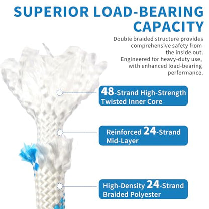 Double Braid Arborist Rope, 1/2 Inch x 150 ft, 9000 LBS Breaking Strength Heavy Duty Tree Climbing Rope, Outdoor Swing Rope for Trees, Climbing, Sailing & General Use - size: 1/2inch*150ft, style: White