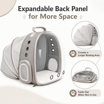 Expandable Cat Carrier Backpack with Bubble Window, Grey | Breathable mesh, anti-collapse frame, side door, safety leash and escape-resistant zippers for vet visits and outdoor travel. - color: Grey