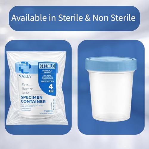 Vakly Sterile 4 oz Specimen Cups with Leak-Proof Lids for Lab Testing, 5 PK | Individually bagged, clear polypropylene, graduated volume markings, urine, stool and specimen collection with ID label